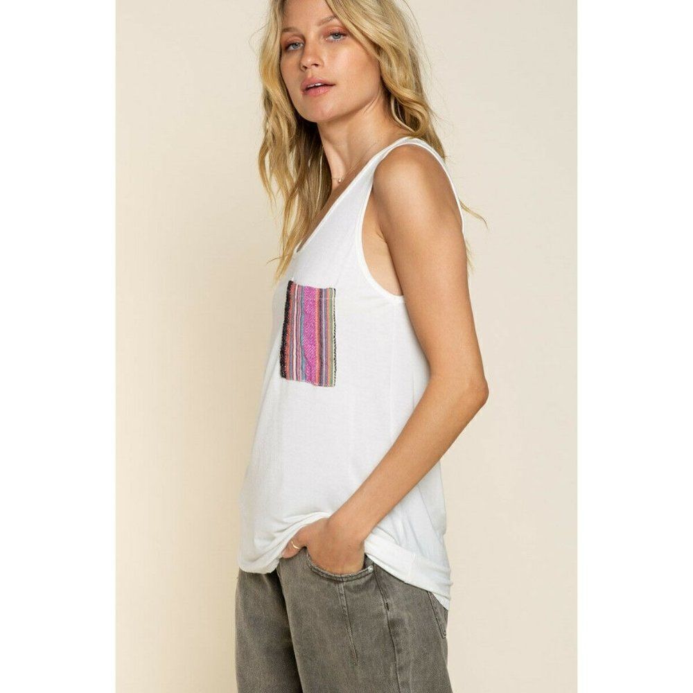 POL CLOTHING Ivory Hem Tank Top Front Tribal Pocket Sarape Detail Summer Spring - Picture 3 of 6